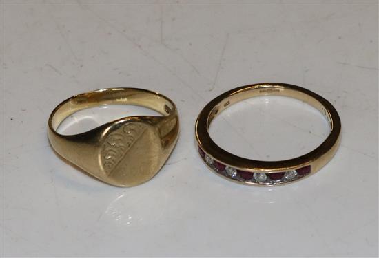 9ct gold signet ring and 9ct gold half hoop gem set ring